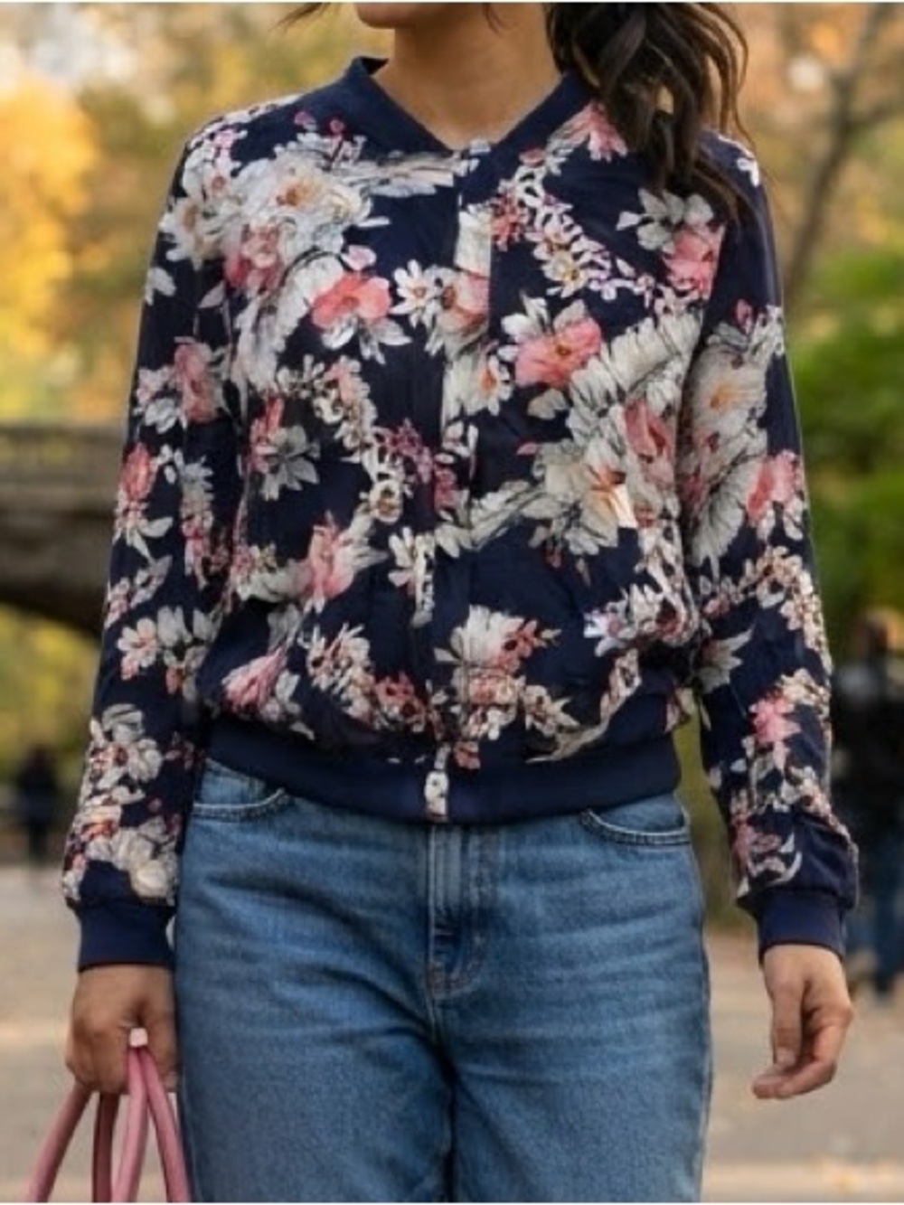 Passport Rayon Floral Tropical Bomber Jacket Navy Blue L/XL Twee Eclectic